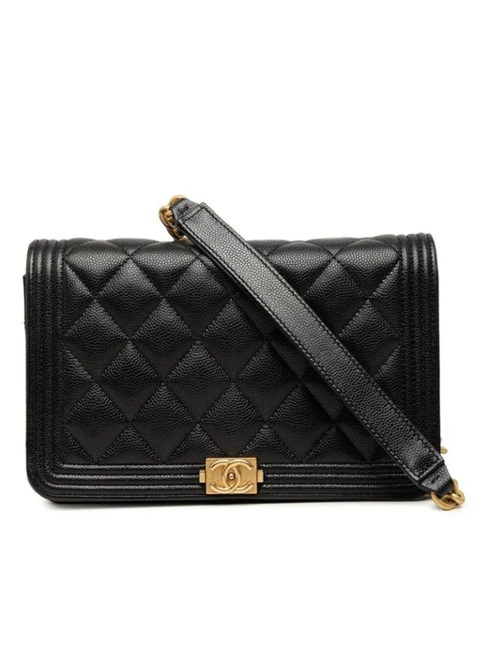 Chanel CC Logo Boy Chain Wallet Shoulder Bag Black Gold Caviar Leather